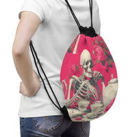 Load image into Gallery viewer, Skeleton Tea Party Drawstring Bag — Gothic Rose Floral Gym Sack
