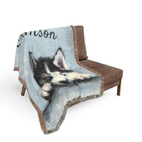 Load image into Gallery viewer, Personalized Husky Puppy Woven Blanket | Custom Name Throw, Pet Portrait Decor