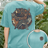 Load image into Gallery viewer, Woodland Animal Shirt Folk Art Design Featuring Wolf Bear Deer Fox Owl Circular Pattern Nature Lover Graphic Tee Forest Wildlife Apparel Paisley Details Earthy Tones Outdoor Enthusiast Clothing Gift Perfect Adventure Ready Style Vintage