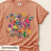 Load image into Gallery viewer, Wildflower Tshirt – Hummingbird Butterfly Design Nature Lover Botanical Graphic
