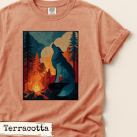 Load image into Gallery viewer, Wolf Shirt– Wilderness Mountain Campfire Scene Tee