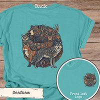 Load image into Gallery viewer, Wildlife Art Shirt Folk Inspired Design Woodland Animal Collection Wolf Bear Deer Fox Owl Circular Pattern Nature Lover Apparel Forest Theme Graphic Tee Paisley Details Earthy Jewel Tones Outdoor Adventure Clothing Gift Perfect Vintage