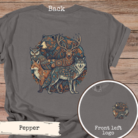 Load image into Gallery viewer, Nature Graphic Tee Woodland Animals Folk Art Style Wolf Bear Deer Fox Owl Design Forest Wildlife Shirt Outdoor Enthusiast Apparel Vintage Inspired Pattern Earthy Tones Gift For Nature Lover Artistic Wilderness Wear Adventure Ready Clothing