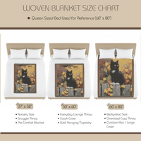 Load image into Gallery viewer, Black Cat Throw Blanket – Woven Cotton with Autumn Leaves Design