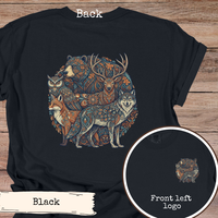Load image into Gallery viewer, Forest Wildlife Tshirt Artistic Design With Wolf Bear Deer Fox Owl Nature Graphic Tee Folk Art Pattern Woodland Animal Apparel Earthy Color Palette Outdoor Lover Gift Circular Paisley Style Vintage Wilderness Shirt Adventure Clothing Nature