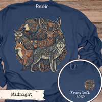 Load image into Gallery viewer, Woodland Animal Shirt – Folk Art Design with Wolf Bear Deer Fox Owl