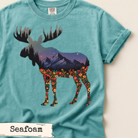 Load image into Gallery viewer, Moose Mountain Night Art Design | Floral Forest Silhouette | Woodland Wildlife | Nature-Inspired Graphic | Rustic Cabin Aesthetic
