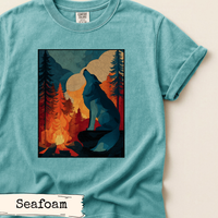 Load image into Gallery viewer, Wolf Shirt Wilderness Mountain Scene Campfire Design Bold Wolf Howling Print Vintage Inspired Rustic Aesthetic Perfect Nature Lover Gift Cabin Interior Display Outdoor Adventure Home Styling Hiking Enthusiast Wall Print Mountain