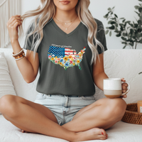 Load image into Gallery viewer, Fourth of July Shirt Women – Watercolor Usa 250 Vneck Floral Tee