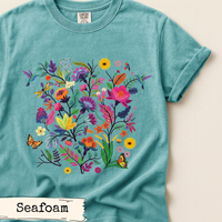 Load image into Gallery viewer, Wildflower Tshirt Design Nature Lover Graphic Hummingbird Butterfly Dragonfly Botanical Artwork Colorful Blooms Pollinator Supporter Shirt Outdoor Enthusiast Casual Wear Vibrant Floral Pattern Wildlife Appreciation Gift Garden Lover Present