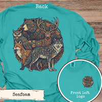 Load image into Gallery viewer, Folk Art Animal Tshirt Woodland Design Featuring Wolf Bear Deer Fox Owl Nature Lover Graphic Tee Forest Wildlife Apparel Circular Paisley Pattern Earthy Vintage Style Outdoor Enthusiast Gift Adventure Ready Clothing Artistic Wilderness