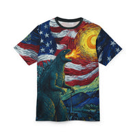 Load image into Gallery viewer, Dinosaur American Flag Shirt – All Over Print Patriotic Graphic Tee
