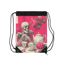Load image into Gallery viewer, Skeleton Tea Party Drawstring Bag — Gothic Rose Floral Gym Sack