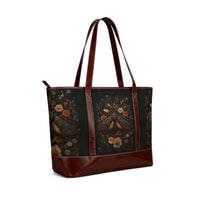 Load image into Gallery viewer, Vintage Botanical Moth Handbag | Dark Floral Tote with Leather Trim