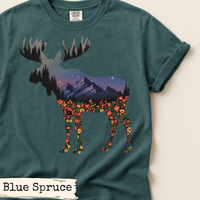 Load image into Gallery viewer, Moose Mountain Night Art Design | Floral Forest Silhouette | Woodland Wildlife | Nature-Inspired Graphic | Rustic Cabin Aesthetic