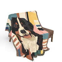 Load image into Gallery viewer, Bernese Mountain Dog Throw Woven Blanket | Retro Geometric Dog Portrait