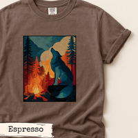 Load image into Gallery viewer, Wolf Shirt– Wilderness Mountain Campfire Scene Tee