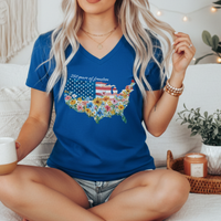 Load image into Gallery viewer, Fourth of July Shirt Women – Watercolor Usa 250 Vneck Floral Tee