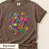 Load image into Gallery viewer, Wildflower Tshirt – Hummingbird Butterfly Design Nature Lover Botanical Graphic