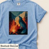 Load image into Gallery viewer, Wolf Shirt– Wilderness Mountain Campfire Scene Tee