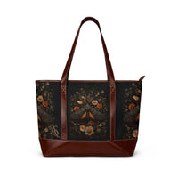 Load image into Gallery viewer, Vintage Botanical Moth Handbag | Dark Floral Tote with Leather Trim