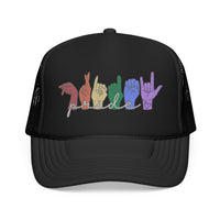 Load image into Gallery viewer, Pride ASL Hands Foam Trucker Hat | Rainbow Sign Language Cap