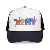 Load image into Gallery viewer, Pride ASL Hands Foam Trucker Hat | Rainbow Sign Language Cap