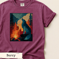 Load image into Gallery viewer, Wolf Shirt– Wilderness Mountain Campfire Scene Tee