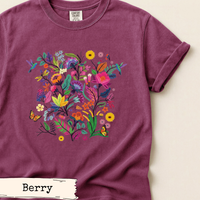 Load image into Gallery viewer, Wildflower Tshirt – Hummingbird Butterfly Design Nature Lover Botanical Graphic