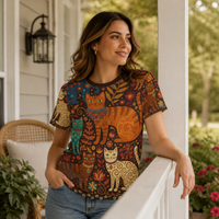 Load image into Gallery viewer, Boho Cat Tshirt – Folk Art Design with Vintage Autumn Florals