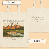Load image into Gallery viewer, Grand Teton National Park Wyoming Tote Bag | Mountain Lake Illustration, 2026 Retreat