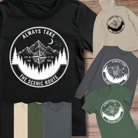 Load image into Gallery viewer, Always Take The Scenic Route | Hiking Compass Mountain Tee | Adventure Travel Shirt | Camping Outdoors Gift for Hikers