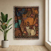 Load image into Gallery viewer, Cat Lover Gift For Her Woven Tapestry Wall Hanging Folk Art Cat Design Boho Throw Blanket Soft Cozy Fabric Colorful Feline Pattern Orange Cream Blue Teal Cats Botanical Elements Paw Print Border Perfect Cat Mom Present Birthday Housewarming