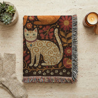 Load image into Gallery viewer, Woven Throw Blanket Cat Tapestry Soft Cozy Fabric Folk Art Feline Design Boho Wall Hanging Colorful Cats Pattern Orange Cream Blue Teal Botanical Elements Paw Print Border Perfect Home Styling Accent Cat Lover Gift Decorative Textile Art