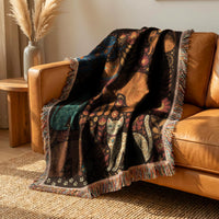 Load image into Gallery viewer, Folk Art Cat Tapestry Colorful Feline Design Woven Throw Blanket Wall Hanging Boho Pattern Multiple Cats Orange Cream Blue Teal Soft Cozy Fabric Botanical Elements Paw Print Border Cat Lover Gift For Her Cat Mom Present Birthday