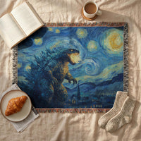 Load image into Gallery viewer, Woven Godzilla Tapestry Dual Purpose Wall Hanging Throw Blanket Starry Night Design Kaiju Monster Art Couch Throw Bedroom Decoration Gift For Him Movie Fan Present Pop Culture Home Styling Soft Textile Fringe Edge Gaming Room Essential