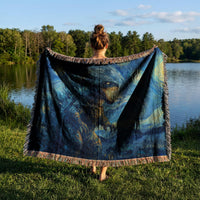 Load image into Gallery viewer, Kaiju Monster Blanket Godzilla Starry Night Design Woven Throw Tapestry Wall Hanging Geek Culture Gift Pop Culture Art Mashup Soft Textile Construction Perfect Present For Him Movie Fan Essential Gaming Room Styling Fringe Edge Details