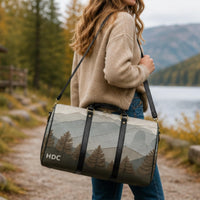 Load image into Gallery viewer, Mountain Landscape Travel Bag Forest Scene Duffle Personalized Leather Weekender Custom Monogram Design Camping Hiking Adventure Carryall Crossbody Gym Bag Detachable Strap Overnight Trip Essential Spacious Interior Athletic Holdall Premium