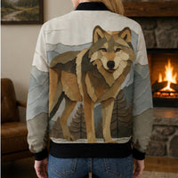 Load image into Gallery viewer, Wolf Bomber Jacket Women Geometric Design Wilderness Fashion Coat Earth Tone Mountain Landscape Polyester Construction Ribbed Cuffs Collar Zipper Closure Casual Everyday Wear Outdoor Adventure Statement Piece Wolf Lover Gift Nature Inspired