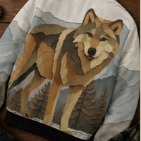 Load image into Gallery viewer, Geometric Wolf Design Jacket Women Bomber Style Fashion Coat Wilderness Landscape Print Earth Tone Color Palette Polyester Construction Ribbed Cuffs Waistband Zipper Closure Front Pockets Casual Outdoor Wear Statement Fashion Piece Wolf