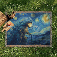 Load image into Gallery viewer, Unique Godzilla Gift Woven Throw Blanket Starry Night Monster Design Artistic Tapestry Wall Hanging Pop Culture Mashup Home Styling Kaiju Fan Present Soft Textile Fringe Edge Geek Room Essential Perfect Gift For Him Movie Lover Collection