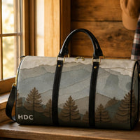 Load image into Gallery viewer, Personalized Duffle Bag Custom Monogram Leather Weekender Travel Bag Mountain Forest Landscape Design Crossbody Shoulder Strap Overnight Trip Essential Camping Hiking Adventure Carryall Spacious Interior Gym Sports Holdall Premium PU