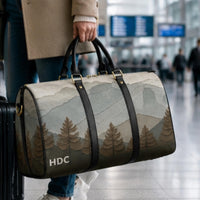 Load image into Gallery viewer, Weekend Getaway Bag Personalized Leather Duffle Custom Monogram Travel Companion Camping Hiking Adventure Carryall Mountain Landscape Forest Scene Design Crossbody Gym Holdall Detachable Shoulder Strap Spacious Interior Overnight Trip
