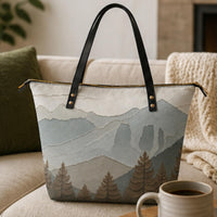 Load image into Gallery viewer, Personalized Leather Tote Bag Mountain Landscape Design Professional Work Bag Crossbody Shoulder Strap Women Handbag Zipper Closure Interior Pockets Everyday Carry Teacher Gift Birthday Present Custom Initial Monogram Nature Inspired