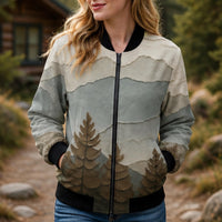 Load image into Gallery viewer, Womens Fashion Coat Wolf Bomber Jacket Geometric Wolf Design Nature Inspired Outerwear Mountain Landscape Background Earth Tone Colors Polyester Material Ribbed Trim Details Zipper Front Closure Casual Statement Piece Outdoor Enthusiast