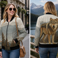 Load image into Gallery viewer, Wilderness Fashion Jacket Women Wolf Bomber Coat Geometric Animal Design Mountain Landscape Artwork Earth Tone Pattern Polyester Material Construction Ribbed Collar Cuffs Zipper Front Opening Casual Everyday Outerwear Outdoor Adventure