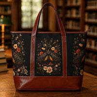 Load image into Gallery viewer, Laptop Tote Bag Water Resistant Design Professional Work Shoulder Bag Vintage Floral Botanical Print Moth Design Boho Style Padded Laptop Compartment Organized Pockets Spacious Carryall Commuter Bag Faux Leather Handles Structured Base