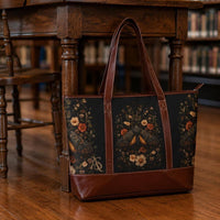 Load image into Gallery viewer, Vintage Floral Tote Bag Botanical Print Design Moth Pattern Boho Work Bag Laptop Compartment Padded Protection Water Resistant Material Professional Carryall Spacious Interior Organized Pockets Faux Leather Trim Comfortable Shoulder Bag
