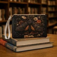 Load image into Gallery viewer, Vintage Botanical Wristlet Moth Floral Print Clutch Vegan Leather Zippered Makeup Bag Gothic Cottagecore Aesthetic Phone Wallet Travel Organizer Card Holder Cosmetics Pouch Dark Nature Inspired Design Gift For Women Gold Hardware Removable