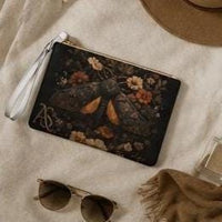 Load image into Gallery viewer, Nature Inspired Moth Clutch Botanical Floral Illustration Vegan Leather Wristlet Vintage Gothic Cottagecore Zippered Makeup Bag Phone Wallet Travel Organizer Card Holder Dark Aesthetic Gift Cosmetics Pouch Gold Hardware Design Removable